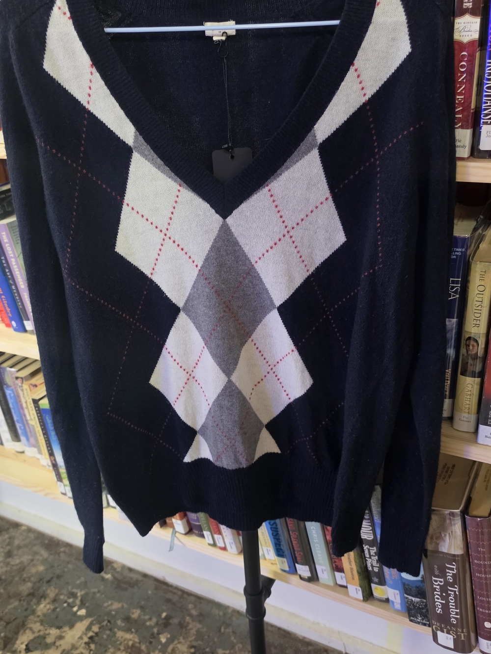 J. Crew Women's Navy V-Neck Cashmere Argyle Sweater with Academia Style